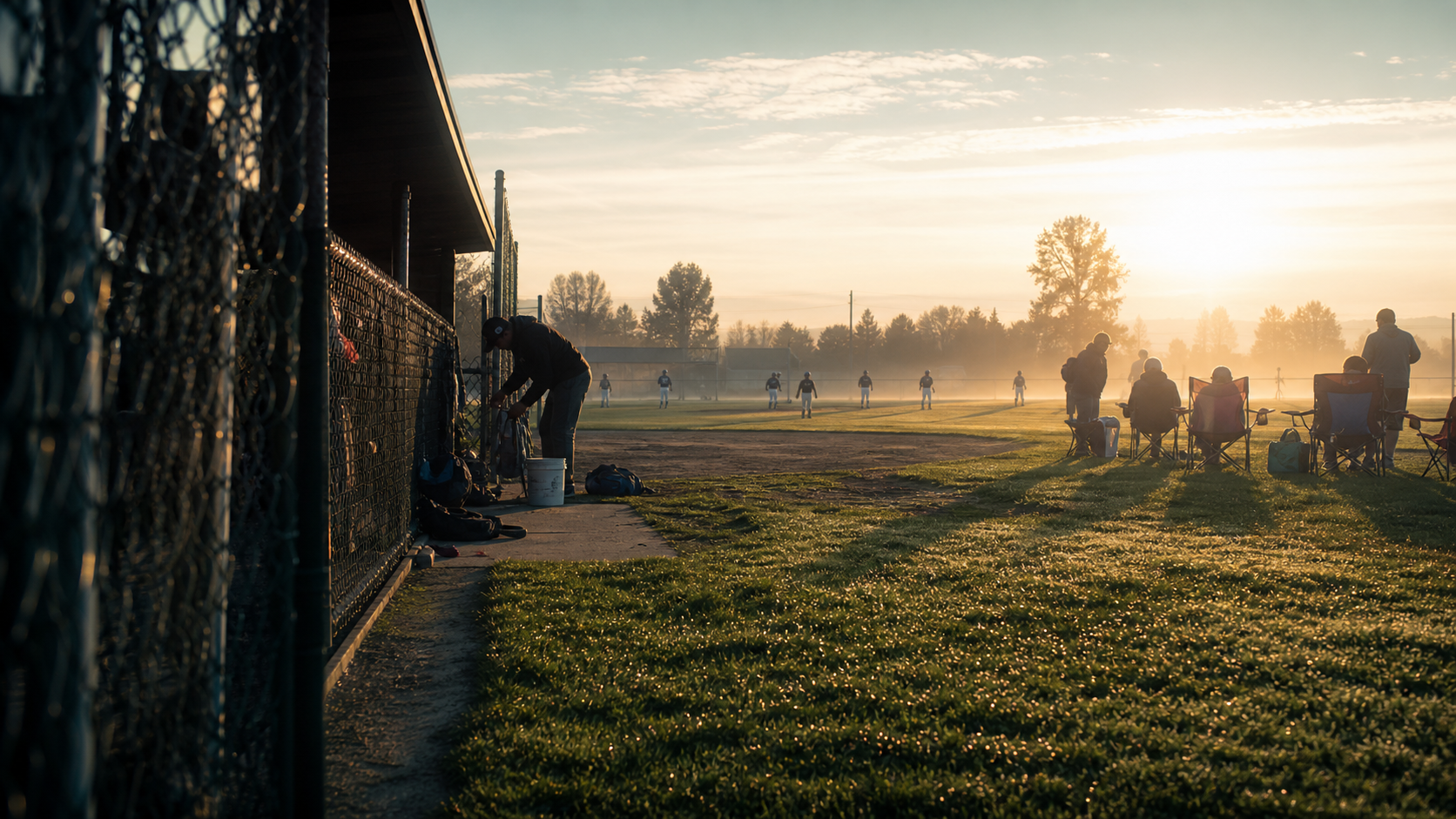 Youth baseball player on the field at sunrise